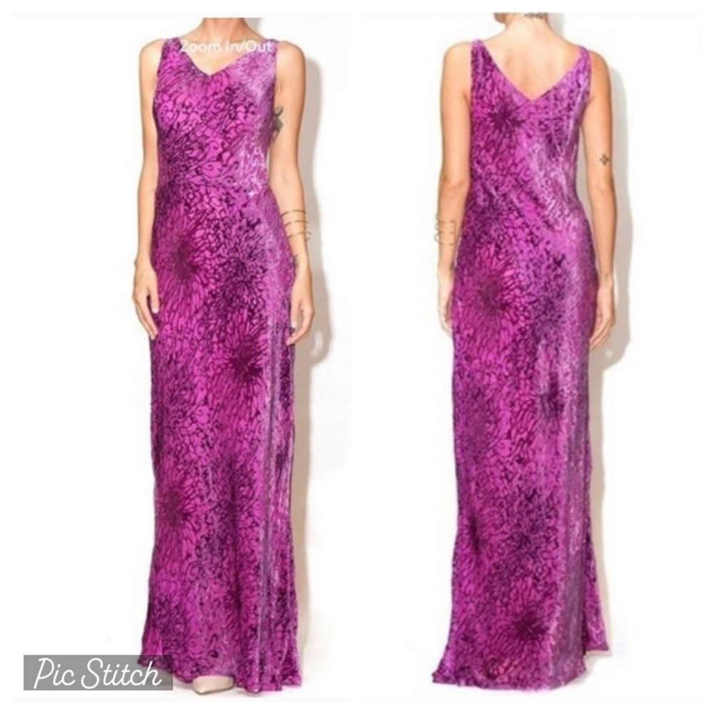 2OH Threads Purple Maxi Dress Womens MEDIUM Floral  Silk Blend Boho Evening Gown